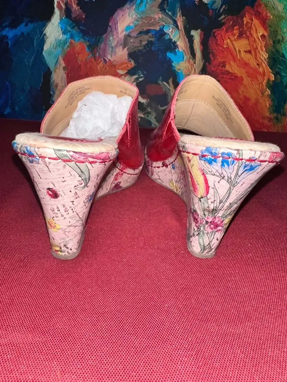 No.53 B.O.C Red Leather Floral Cork Platform Wedge Sandals